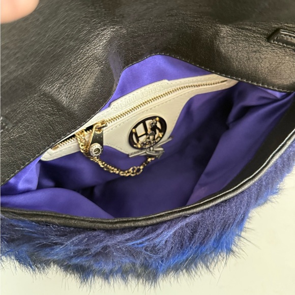 Henri Bendel Foldover Clutch / Shoulder Black Calf w/blue fur Bag ~ EUC & Rare - Picture 9 of 16